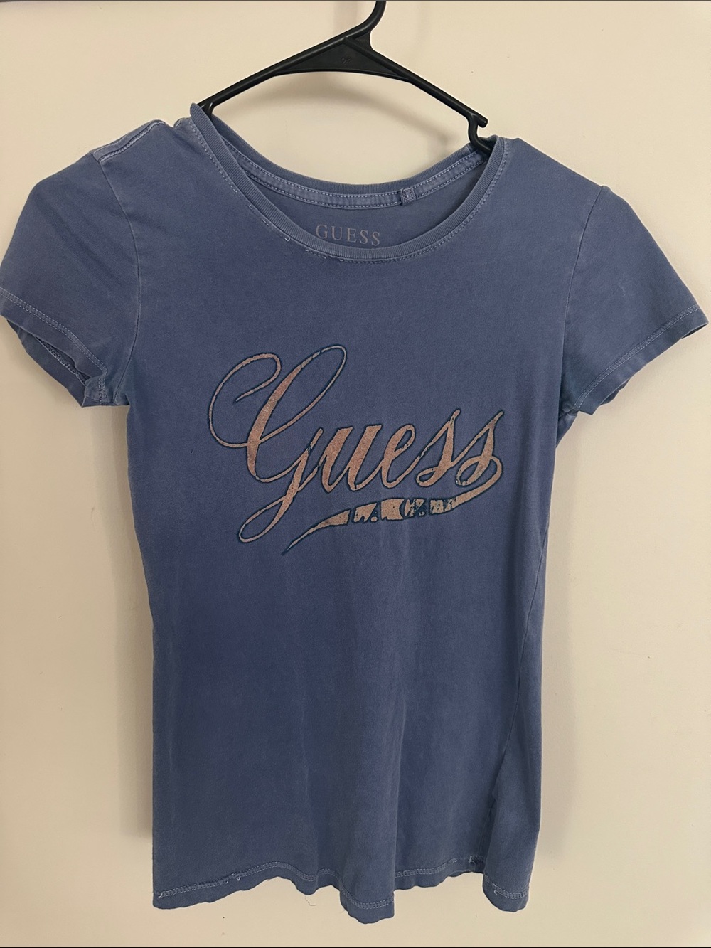 Guess Blue Short Sleeve Script Logo Tee- xs